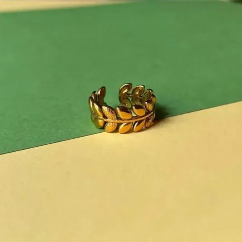 A gold leaf-patterned ring, possibly a laurel wreath band, resting on a diagonal split background of green and beige.