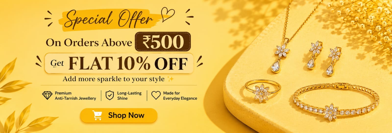Gold jewelry set including necklace, earrings, ring, and bracelet displayed on a yellow promotional banner with text offering a 10% off on orders above 5000.