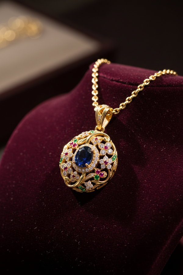 A gold pendant necklace with a central blue gemstone and surrounding multicolored stones, displayed on a deep burgundy velvet jewelry stand.