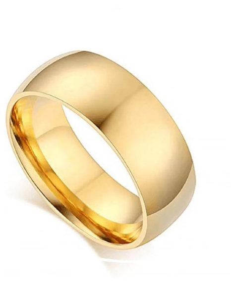 A classic yellow gold band ring with a smooth, polished finish, shown at an angle on a clean white background.